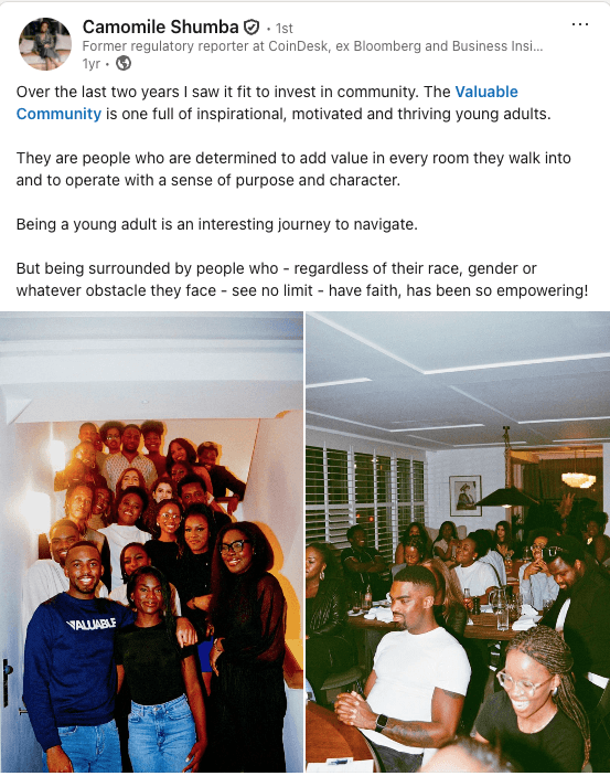 Post on LinkedIn outlining personal growth after attending The Valuable Retreat.