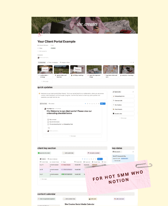 Notion social media client hub showing a client portal, content calendar, and organised project information.