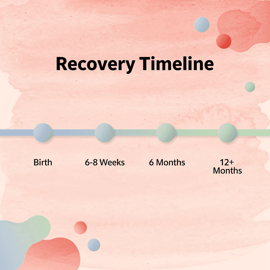 Timeline showing postpartum recovery stages from birth to 12+ months