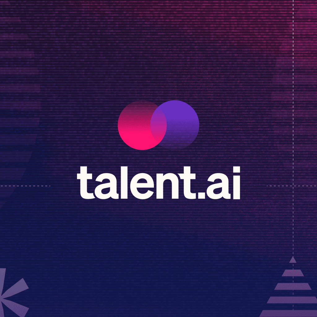 The new talent.ai logo, featuring two overlapping gradient spheres in pink and purple on a dark, glitch-textured background.