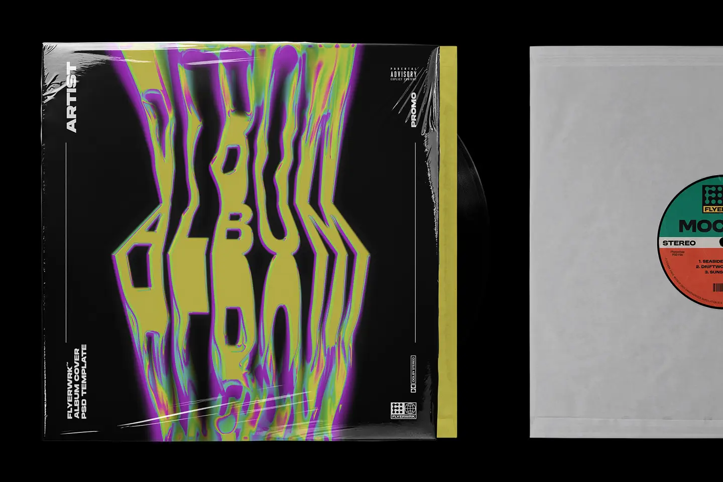 Vinyl record mockup displaying custom album cover design with colorful artwork