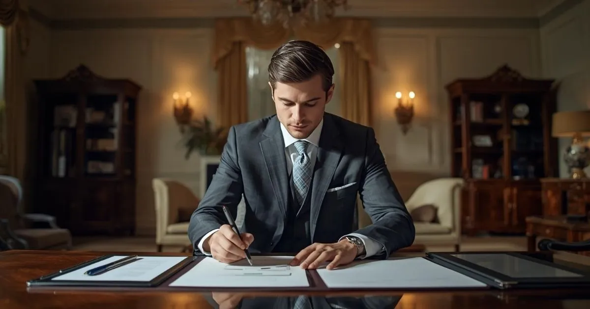 Business professional in a suit signing documents at a desk in a warmly lit, elegant office