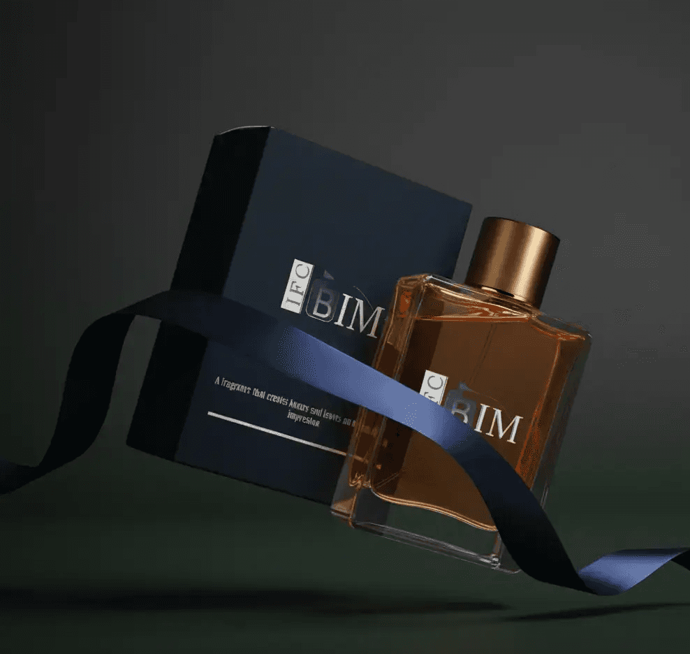 Men's perfume bottle with a navy blue box and ribbon. The bottle has a gold cap and a brown liquid. The box has text.