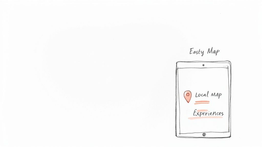 A hand-drawn illustration of a tablet showing 'Easty Map', 'Local Map' with a pin icon, and 'Experiences'.