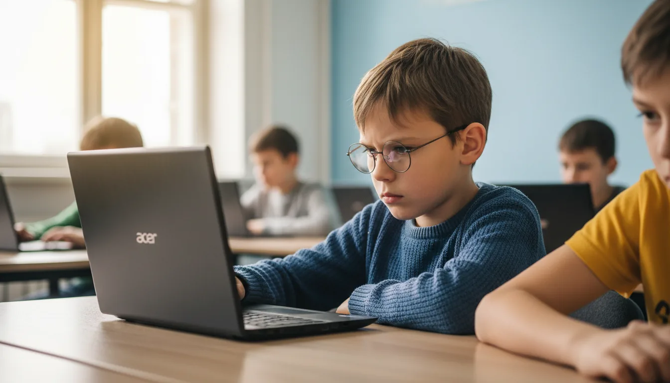 DSLR photograph of a young boy with glasses and a blue sweater, intently focused on a black Acer Chromebook in a bright, modern classroom. The shot is taken from a side angle with a shallow depth of field, rendering the other students and the light blue wall in a soft bokeh background. Natural daylight illuminates the scene, highlighting the textures of the wooden desk and the focused expression of the student. Another student in a yellow shirt is visible in the blurred foreground.