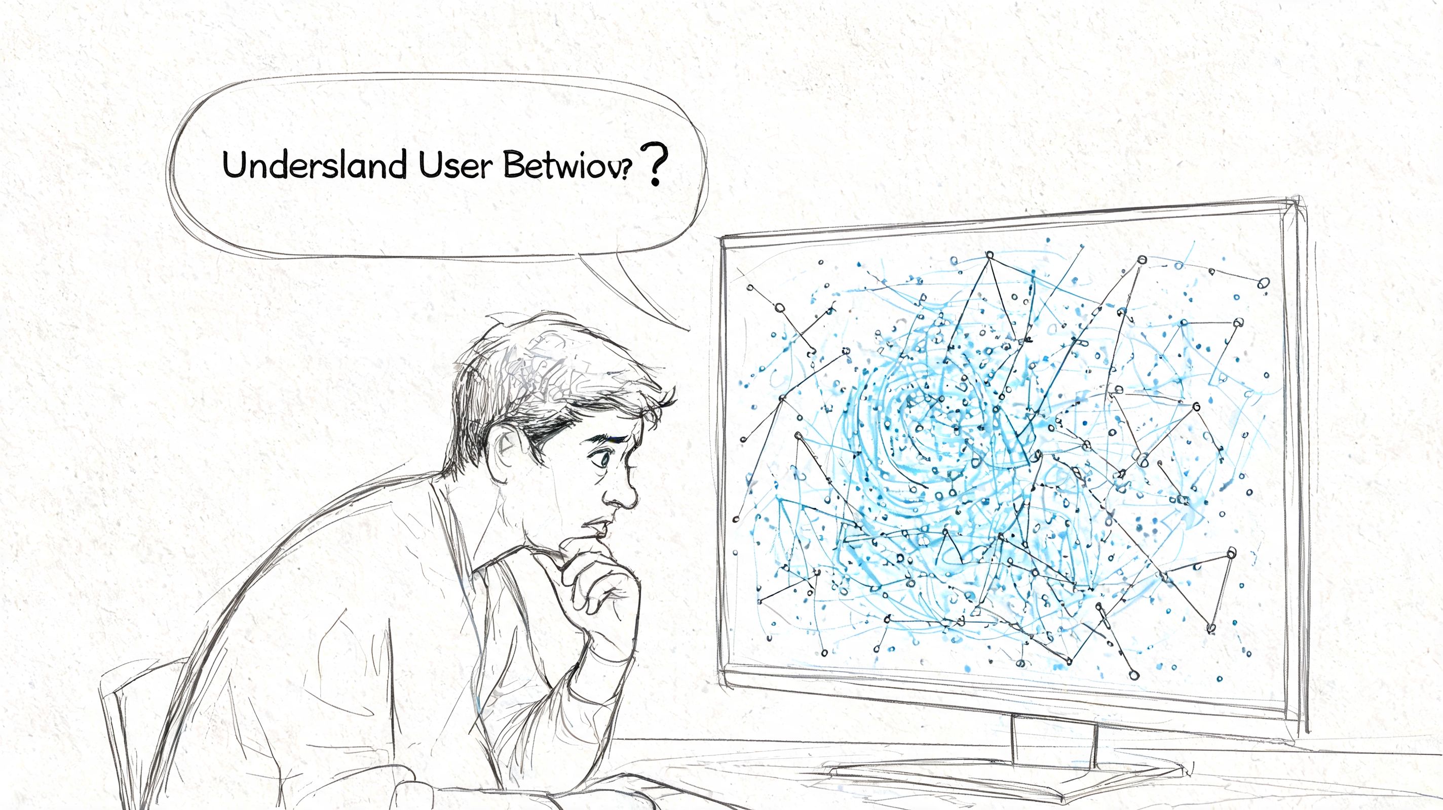 A sketched illustration of a person looking confused at a complex data visualization on a computer monitor.