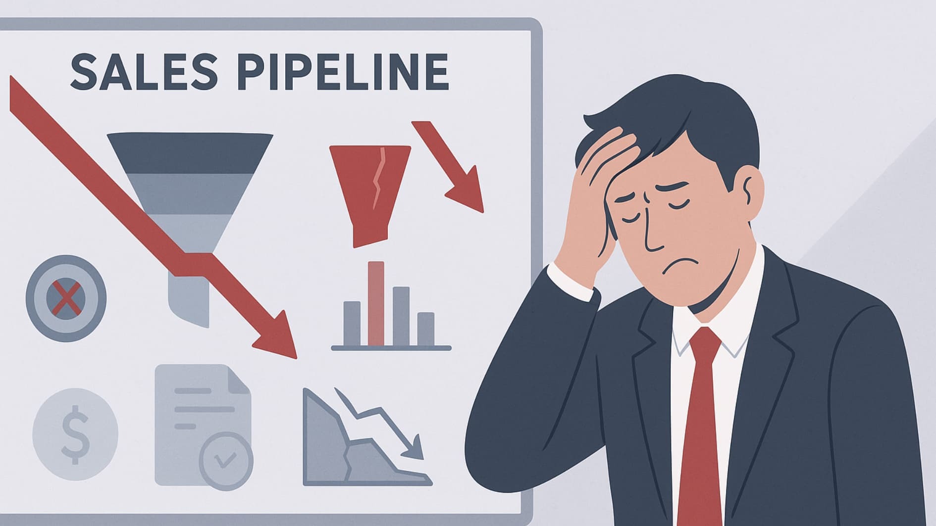 Illustration depicting a troubled sales pipeline, with a distressed businessman and various chart elements symbolizing the challenges of an unhealthy sales pipeline.