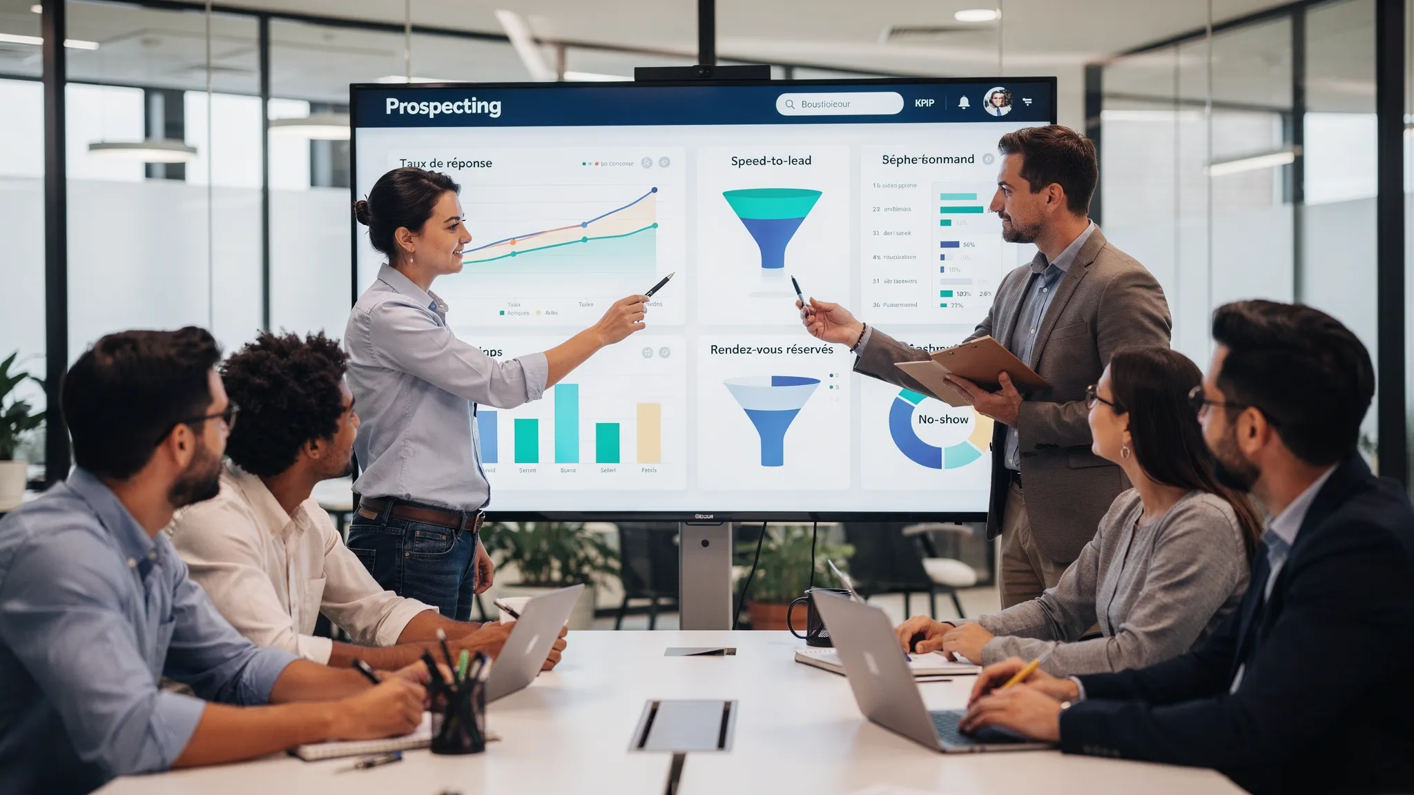 Une équipe Sales et Growth autour d’un tableau de bord de prospection, avec graphiques de taux de réponse, speed-to-lead, rendez-vous réservés et no-show, dans un environnement de bureau.