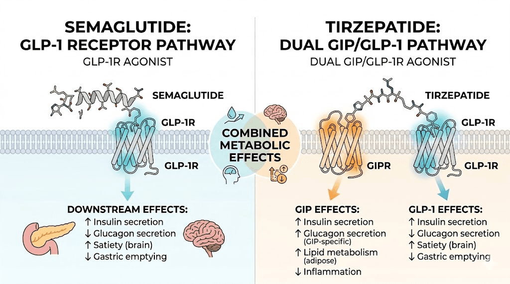 GLP-1 versus dual GIP GLP-1 receptor activation pathways