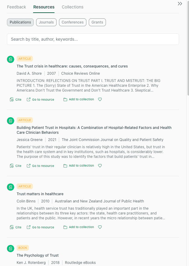 A list of academic articles and books on trust in healthcare, displaying titles, authors, and citation options in the thesify interface.