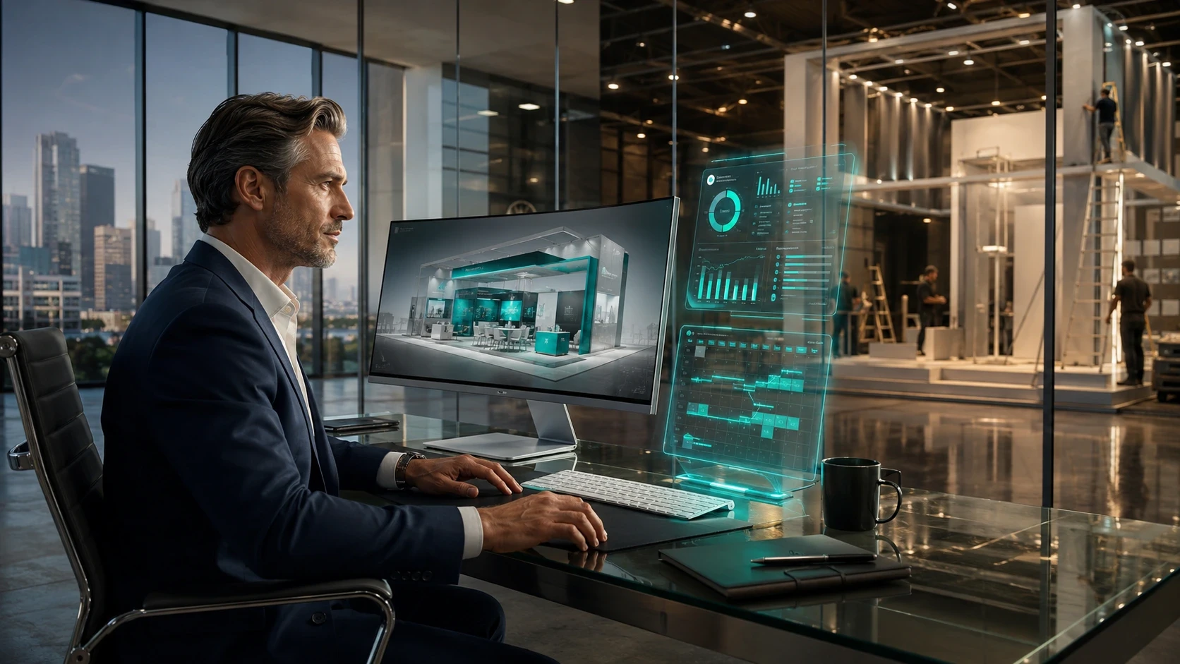 A business executive sits at a modern glass desk overlooking an exhibition hall, using AI-powered software to design and manage a trade show booth. A large monitor displays a 3D exhibition stand concept, while transparent holographic dashboards show project timelines, analytics, and performance metrics. In the background, workers assemble exhibition displays inside a spacious convention center, highlighting the integration of AI-driven planning with real-world booth construction.