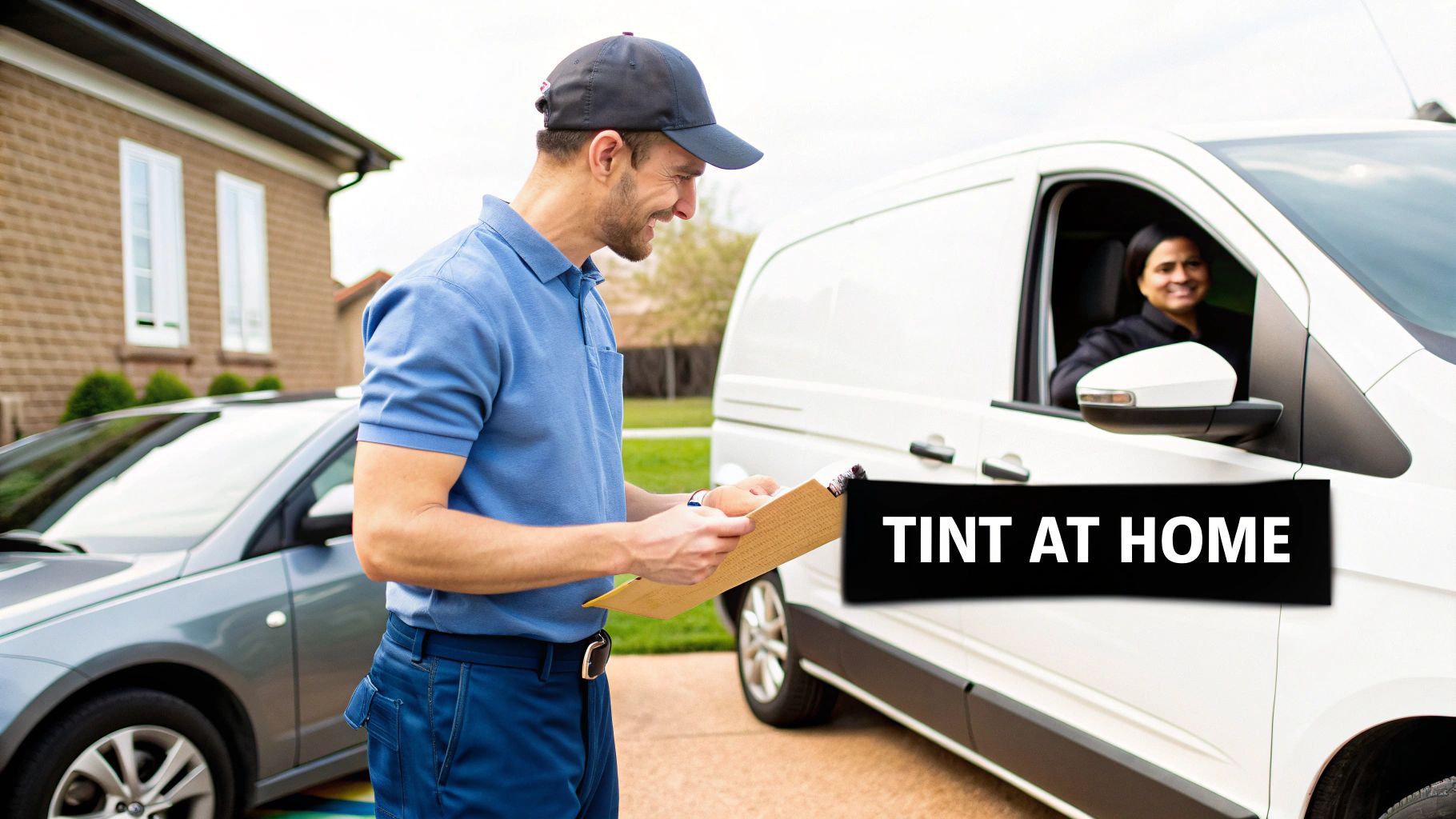 A technician carefully applying window tint to a car's side window outdoors