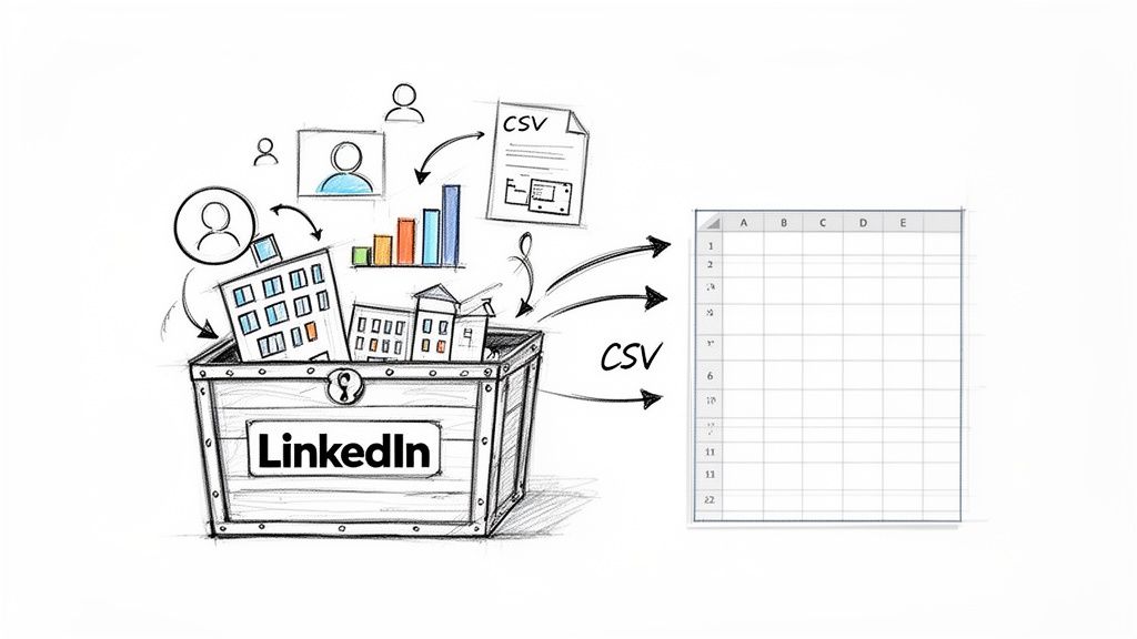 A sketch illustrates extracting user profiles, company data, and statistics from LinkedIn into CSV files and a spreadsheet.