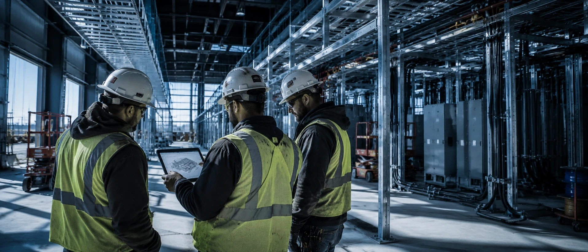 Skilled trades crew coordinating on a data center build