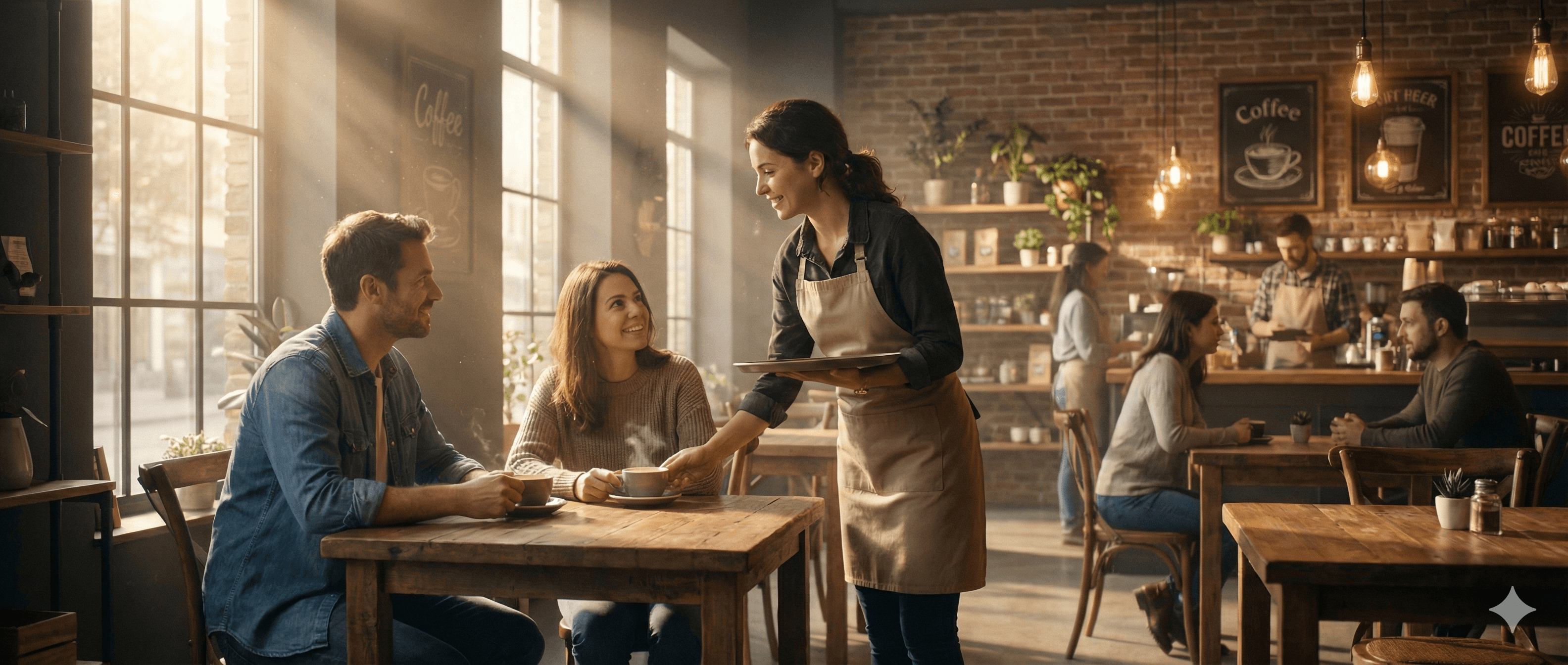 Server placing two cups of coffee on a tray while a couple sits at a table in a warmly lit café interior.