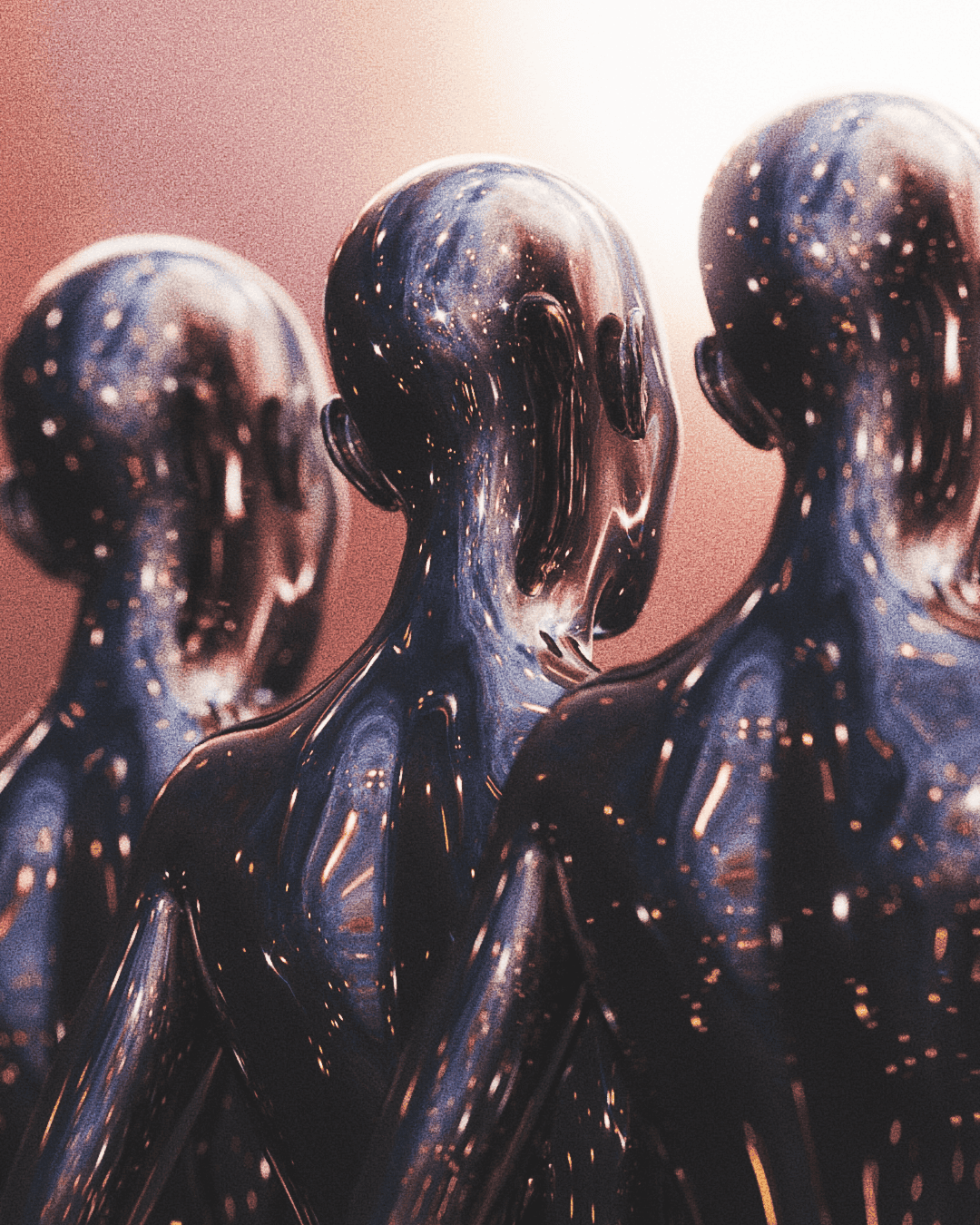 3 identical humanoid figures next to each other with a mirror-like skin reflecting stars in space, close-up shot from behind