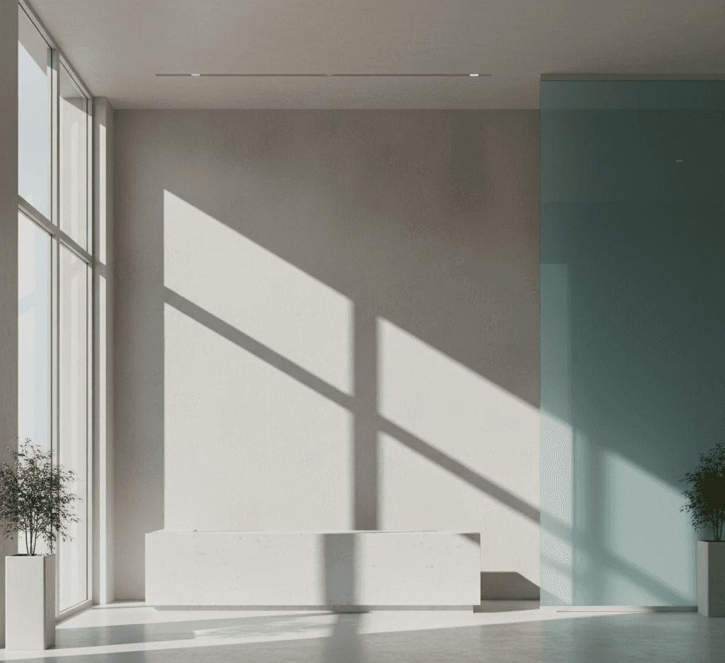 Light coming into financial advisory building lobby