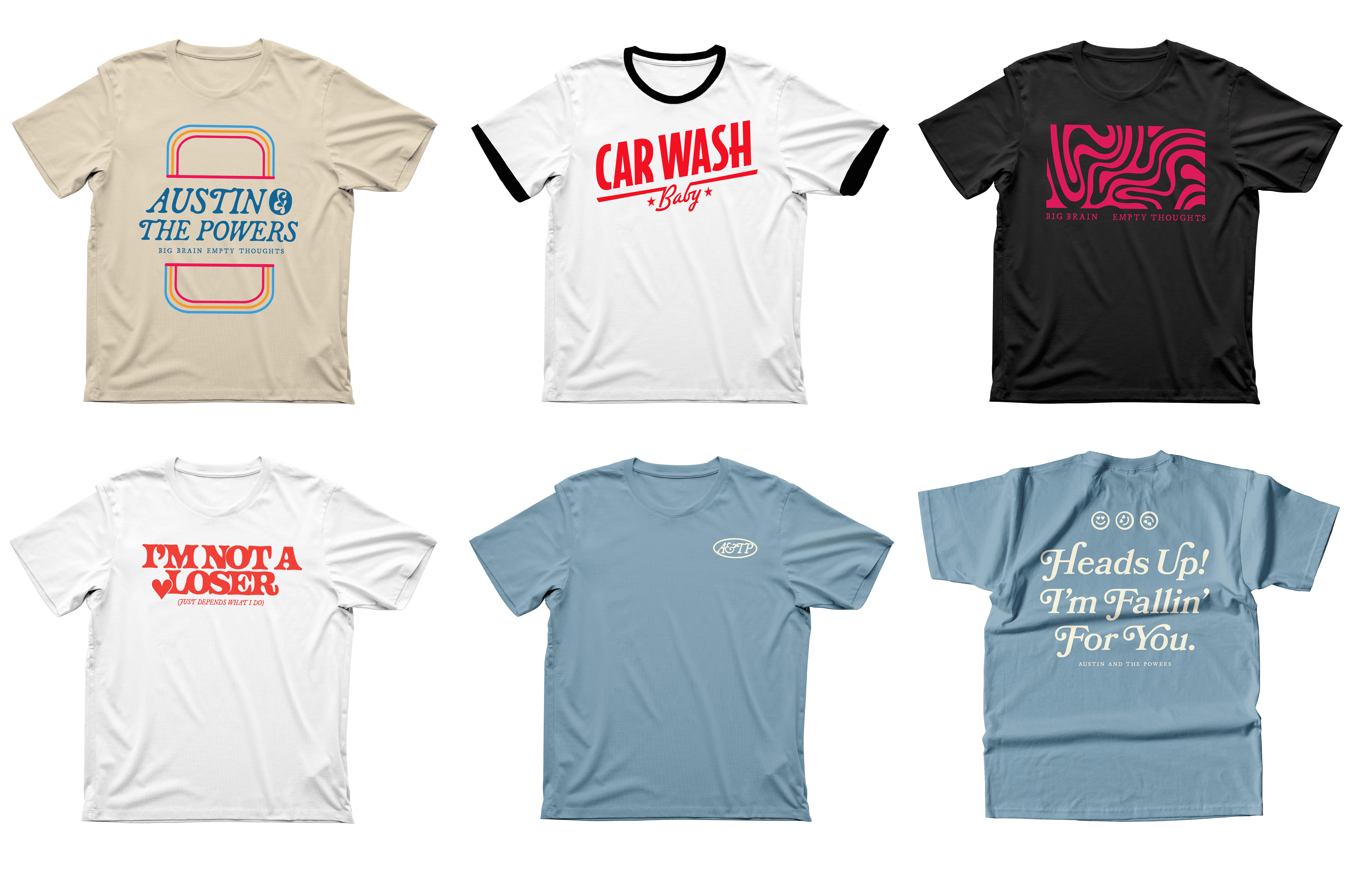 Flat display of 5 shirts designed for austin and the powers, 4 front only, 1 front and back. Funky beach style