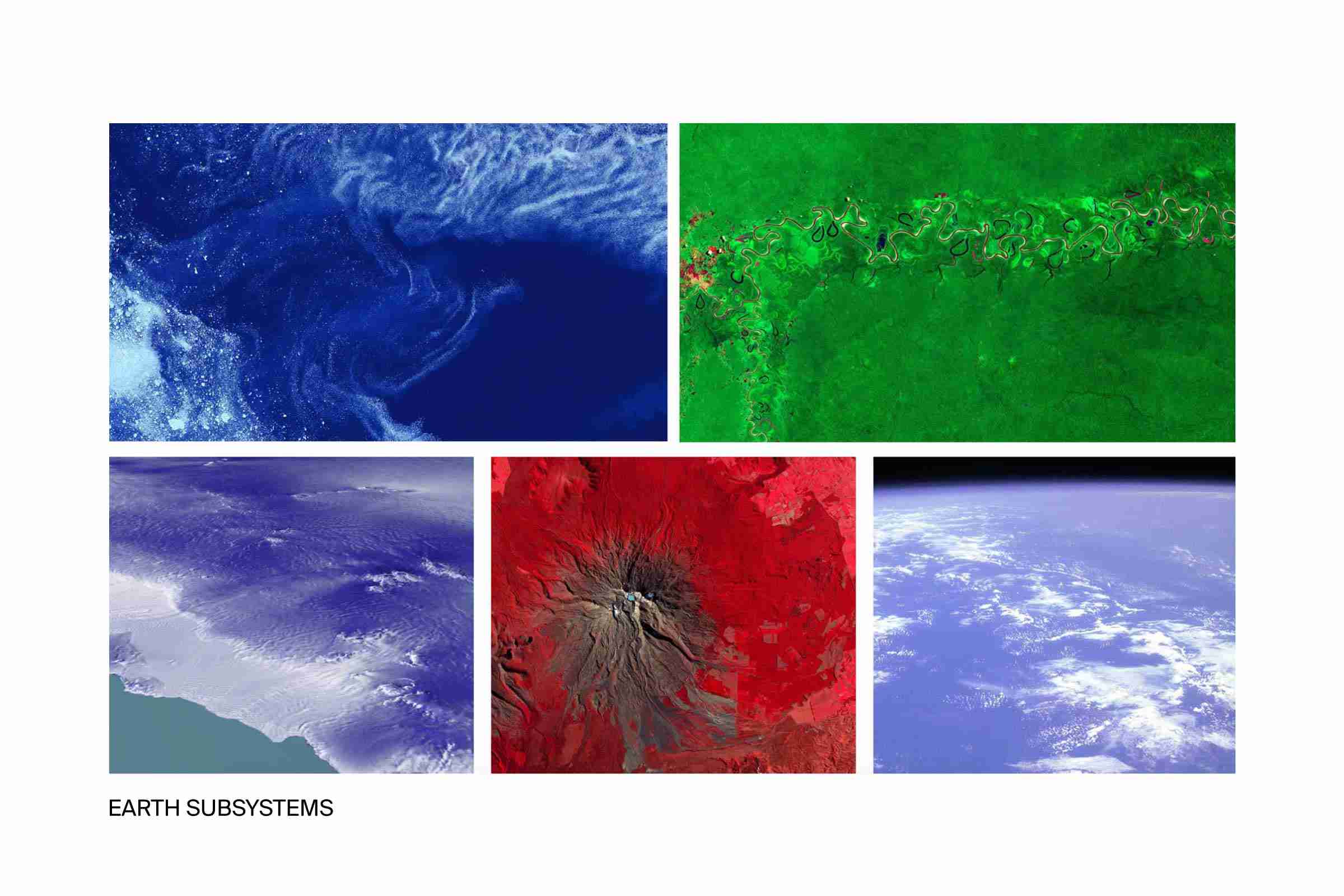 A grid of five images of hydrosphere, biosphere, cryosphere, atmosphere, and geosphere.
