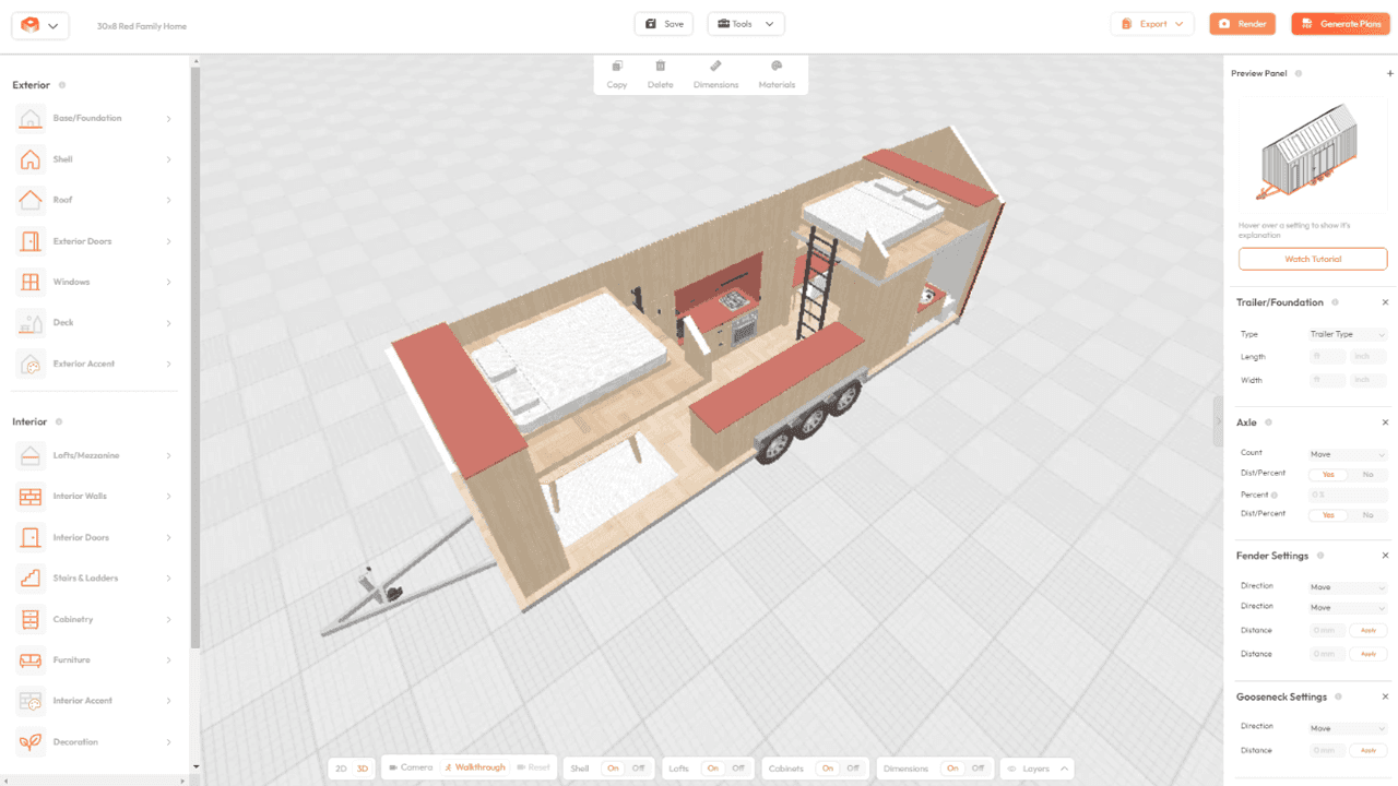 8x30 tiny house with 2 loft bedrooms in a tiny house design software