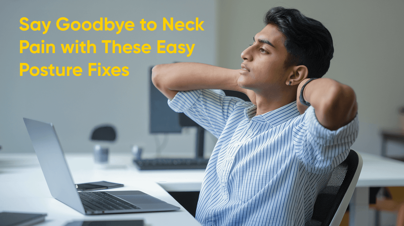 Professional sitting at a desk, relieving neck pain with a posture exercise