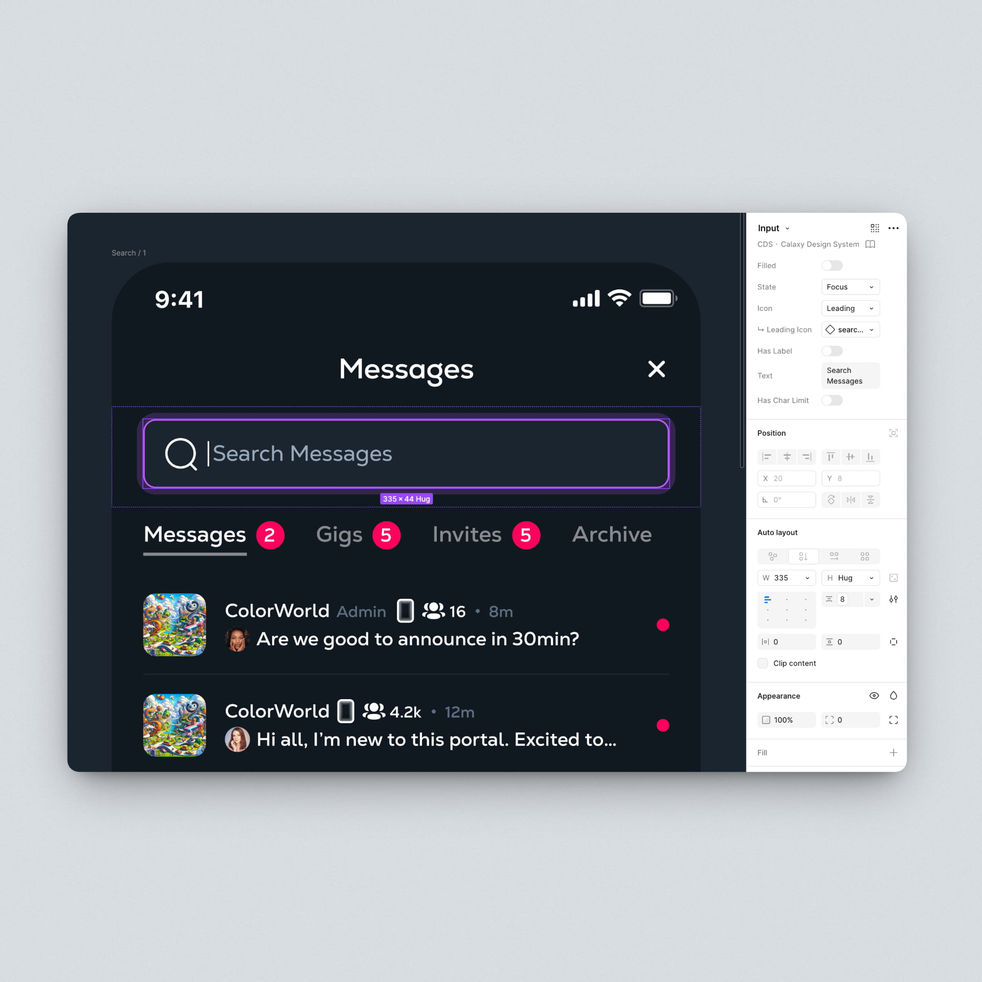 Figma design system component in action - Calaxy Messages screen showing search input component with variant properties panel for state, icon position, and character limit options