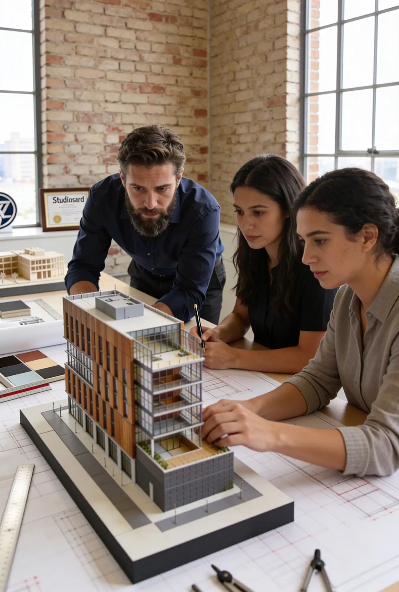 Lead architect reviewing technical drawings at a studio desk