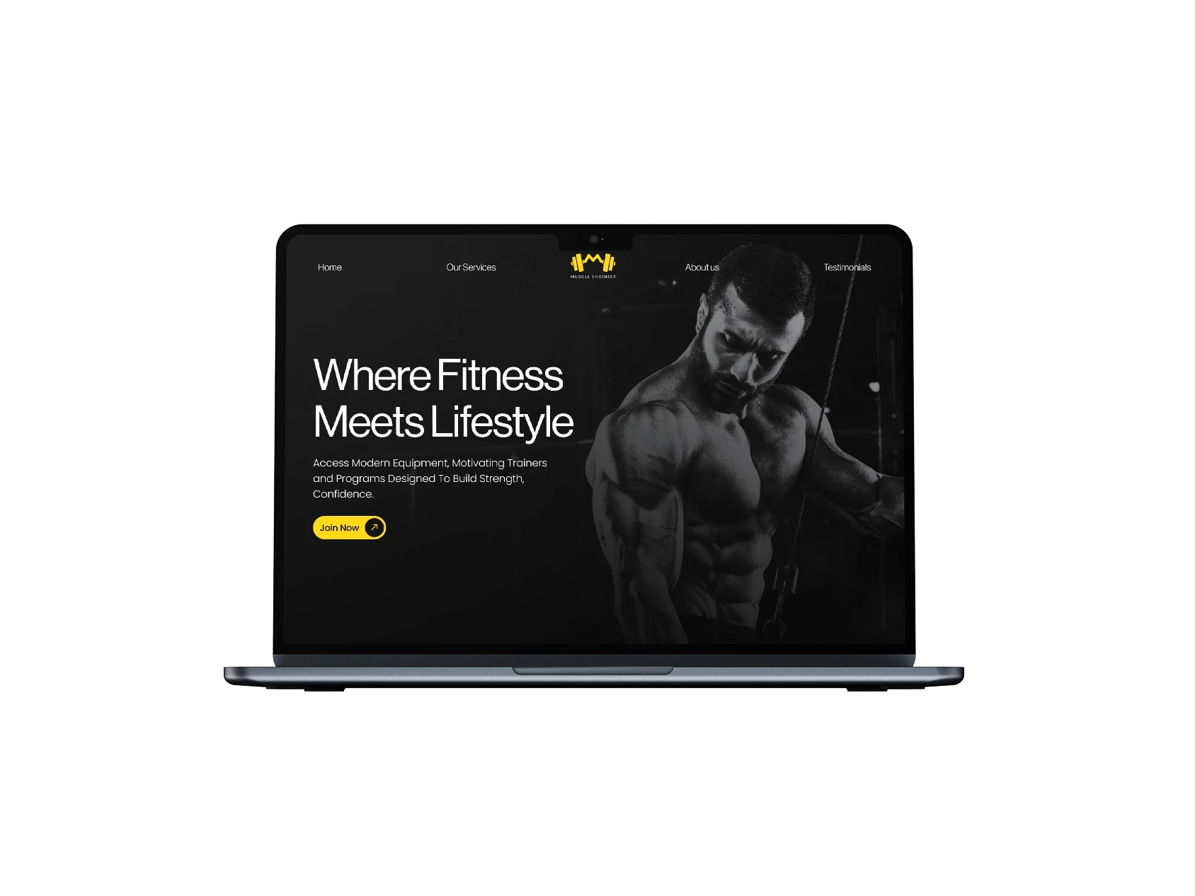 Muscle Engineer website shown on laptop with full gym and fitness layout by Digital Seed