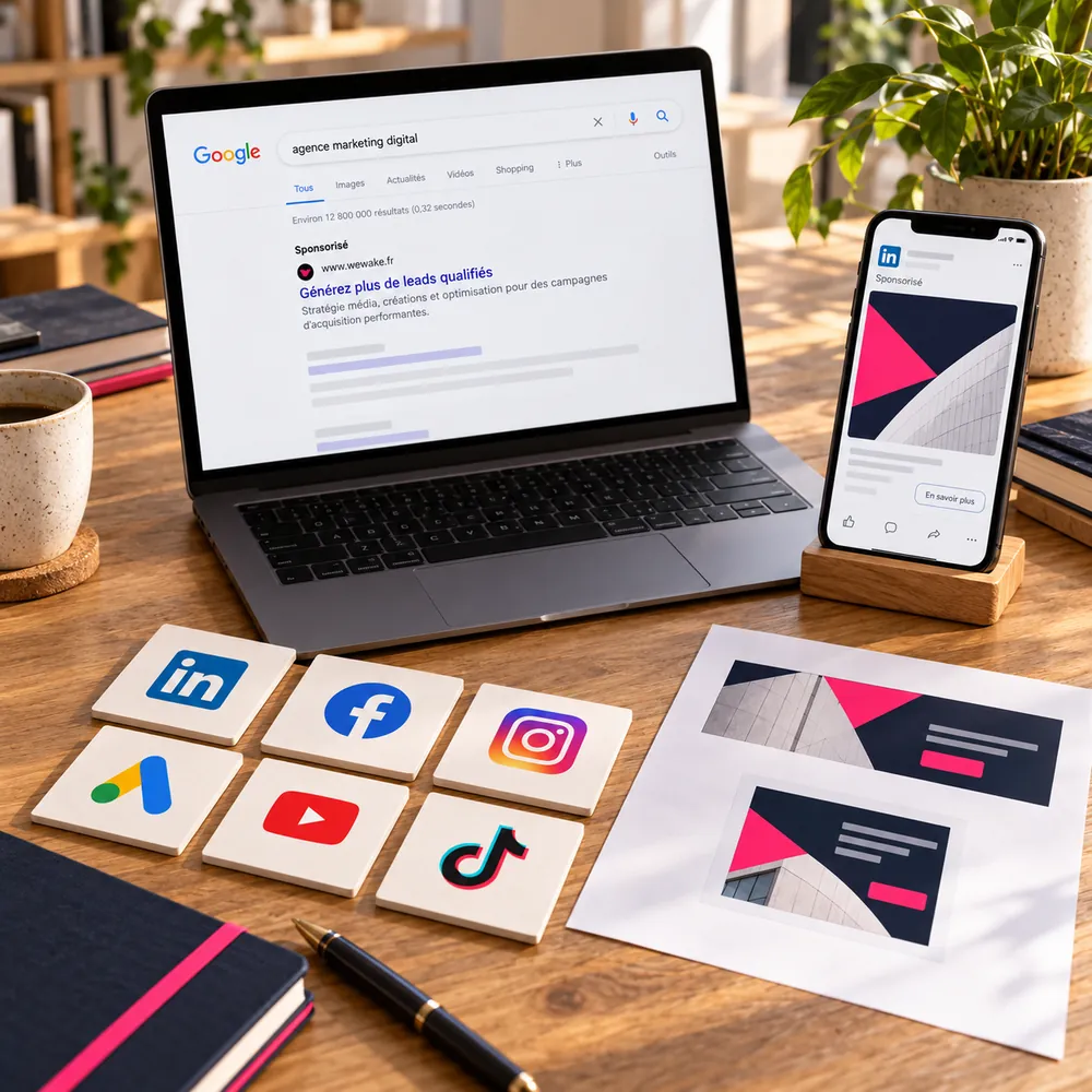 Campagnes de génération de leads sur un ordinateur et un mobile, avec des repères LinkedIn, Facebook, Instagram, Google Ads, YouTube et TikTok sur une table en bois.