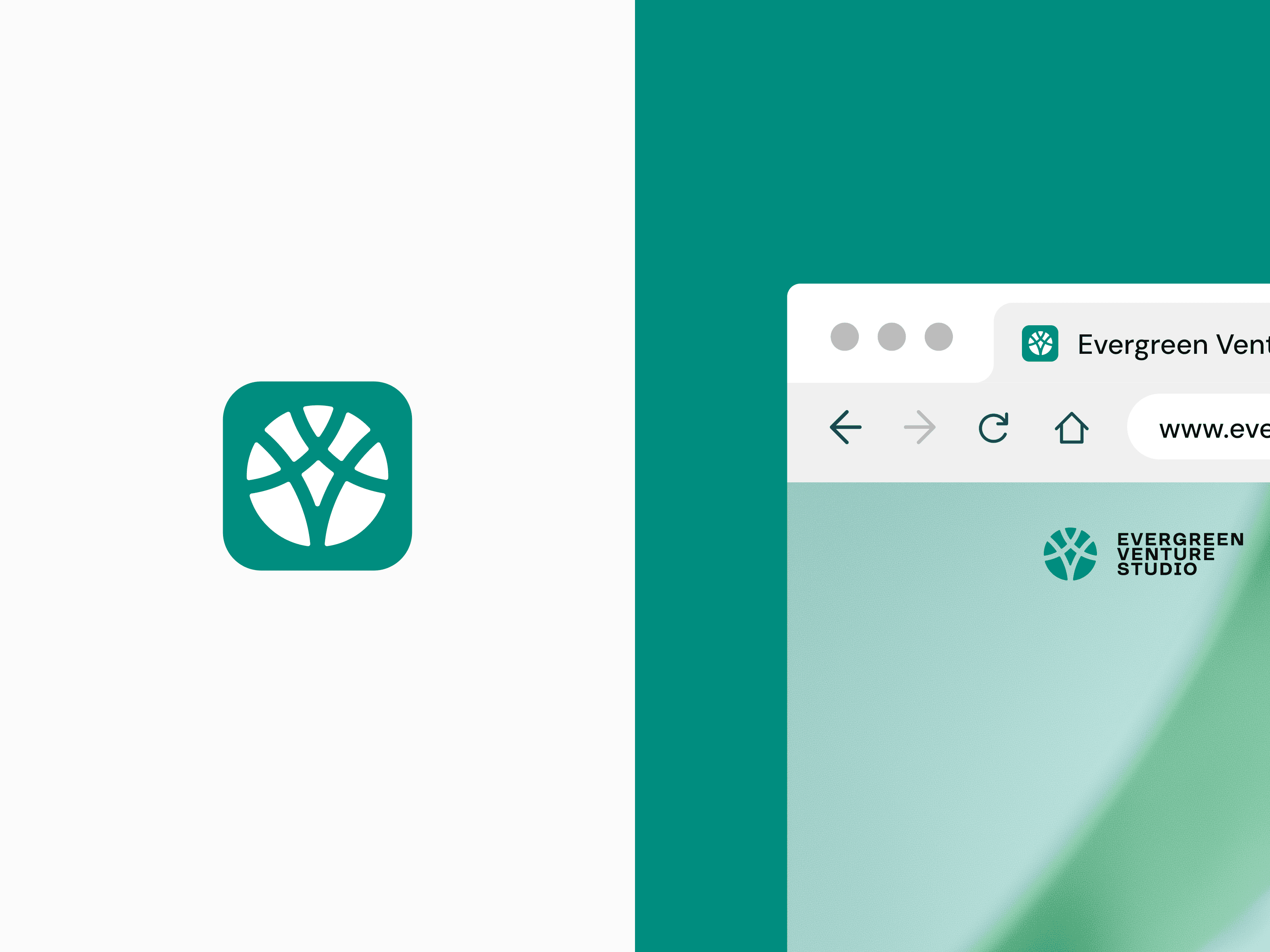 Evergreen Venture Studio app icon and website preview, demonstrating brand consistency across digital platforms.
