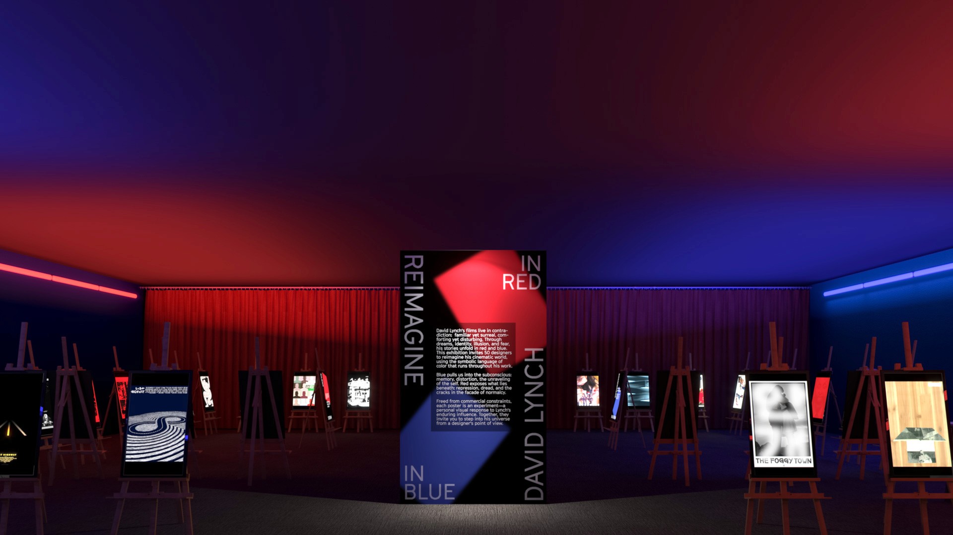 A digital art installation titled “IN RED” stands in a dimly lit room with red and blue lighting. The central structure is a black banner with text reading “REIMAGINE IN RED” and “DAVID LYNCH,” flanked by “IN BLUE.” Multiple easels display various artworks, including a black and white abstract piece and a grayscale portrait. The background features red curtains, and the floor is dark. The overall ambiance is dramatic and focused on the text and artworks.