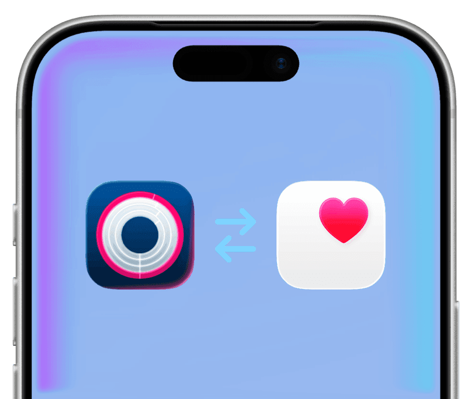 The Outsiders privacy feature showing local data processing with app icon and Apple Health icon connected by arrows on iPhone. Lock icon symbolizes security. All training analysis happens on-device with no cloud storage, user accounts, or data sharing with AI models or ad platforms. Privacy-first fitness tracking for athletes who want training readiness and recovery insights without compromising personal health data security.