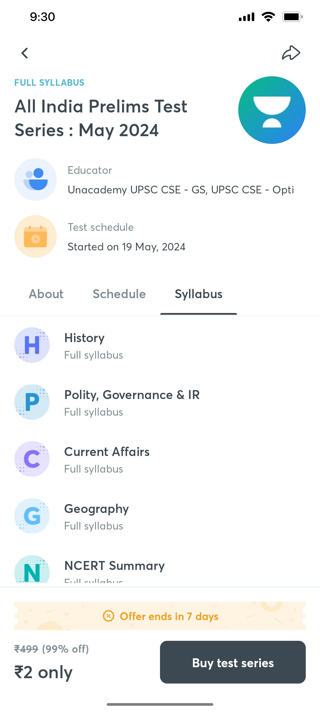 Unacademy Syllabus Screen