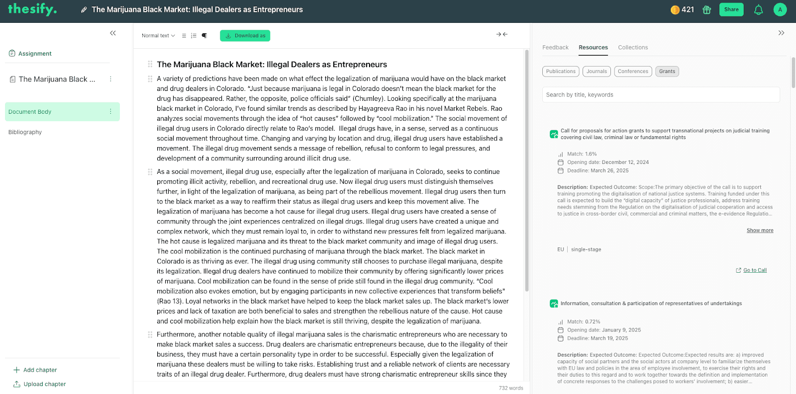A wide view of the thesify platform showing a full proposal on the left and matching grant opportunities discovered in the right-hand panel.