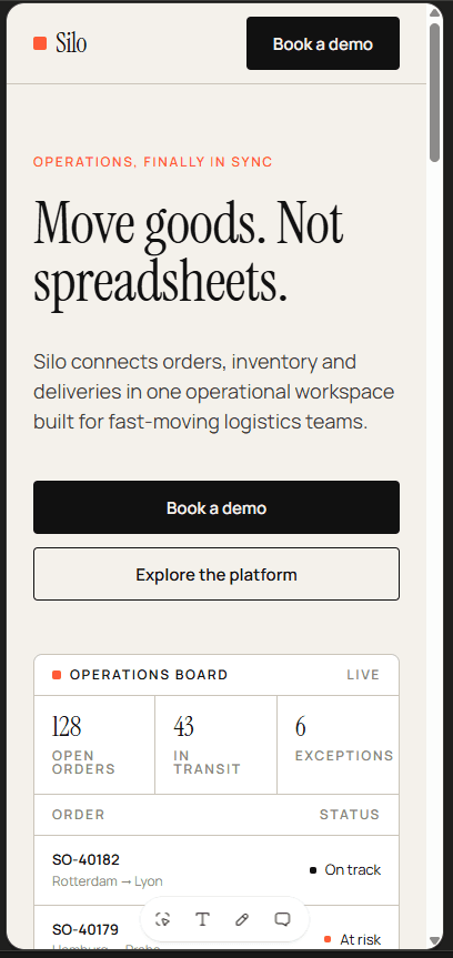 Mobile view of the Silo landing page after Lovable’s visual refinement, showing full-width stacked hero buttons and the Operations Board below the hero.