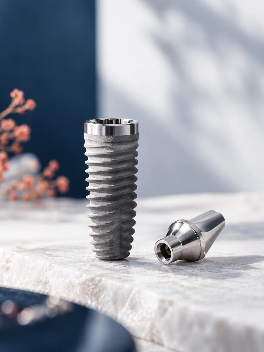 Titanium implant model on a white stone surface
