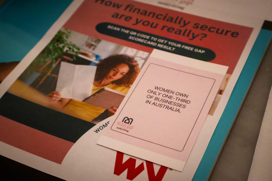 Table card that reads "Women own only one-third of businesses in Australia"