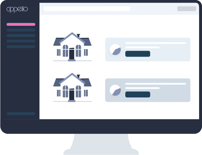 A computer screen displaying a real estate website interface with two house icons and informational cards, featuring a sleek design primarily in blue and white tones; suitable for topics related to property management software and online real estate tools.