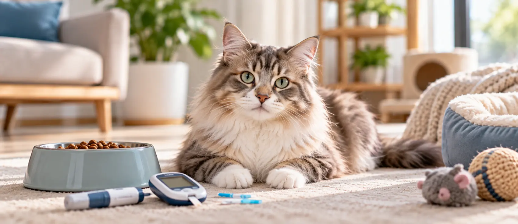 Fluffy tabby cat lying on a rug beside a food bowl and a blood glucose meter.