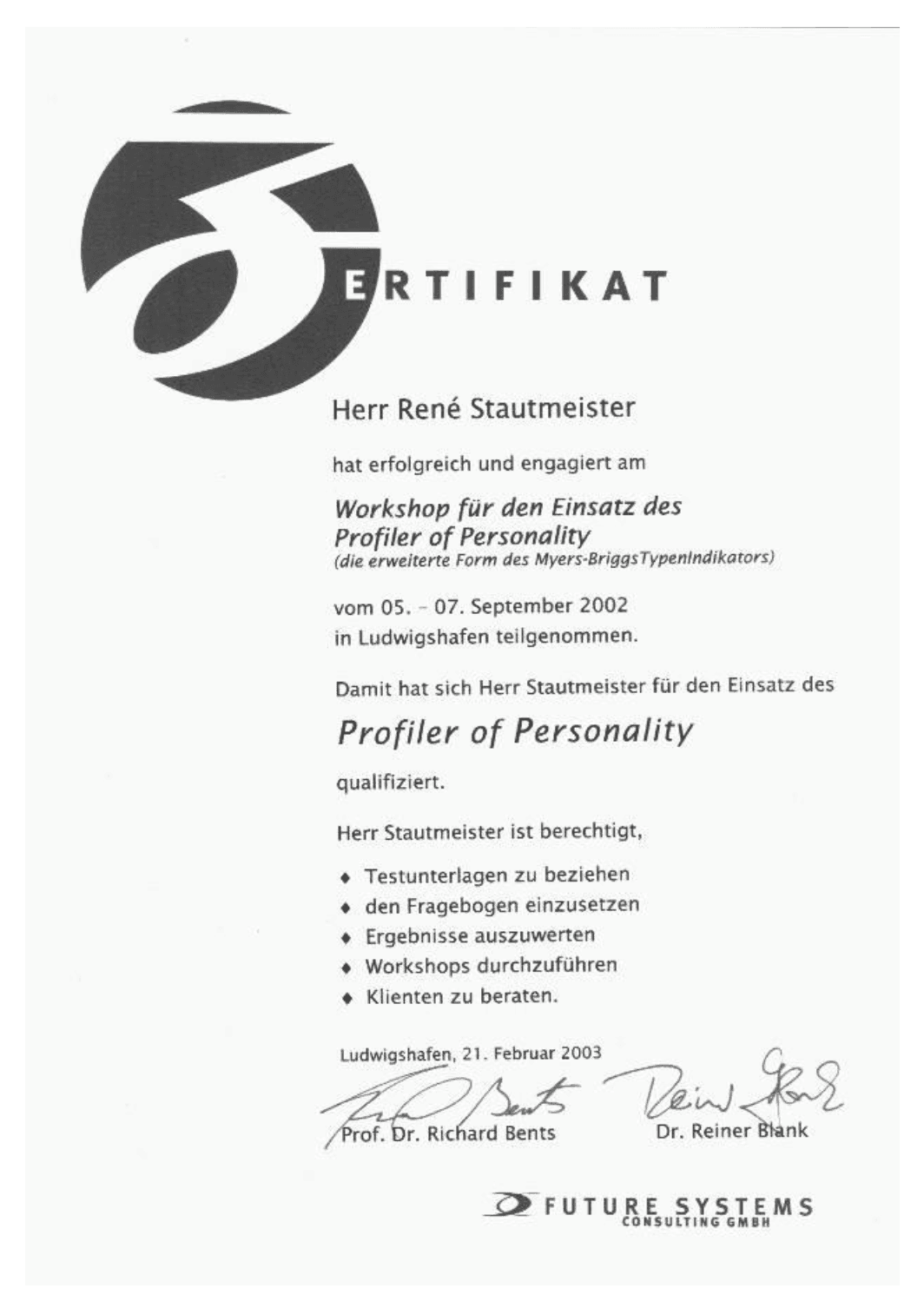 Zertifikat Profiler of Personality