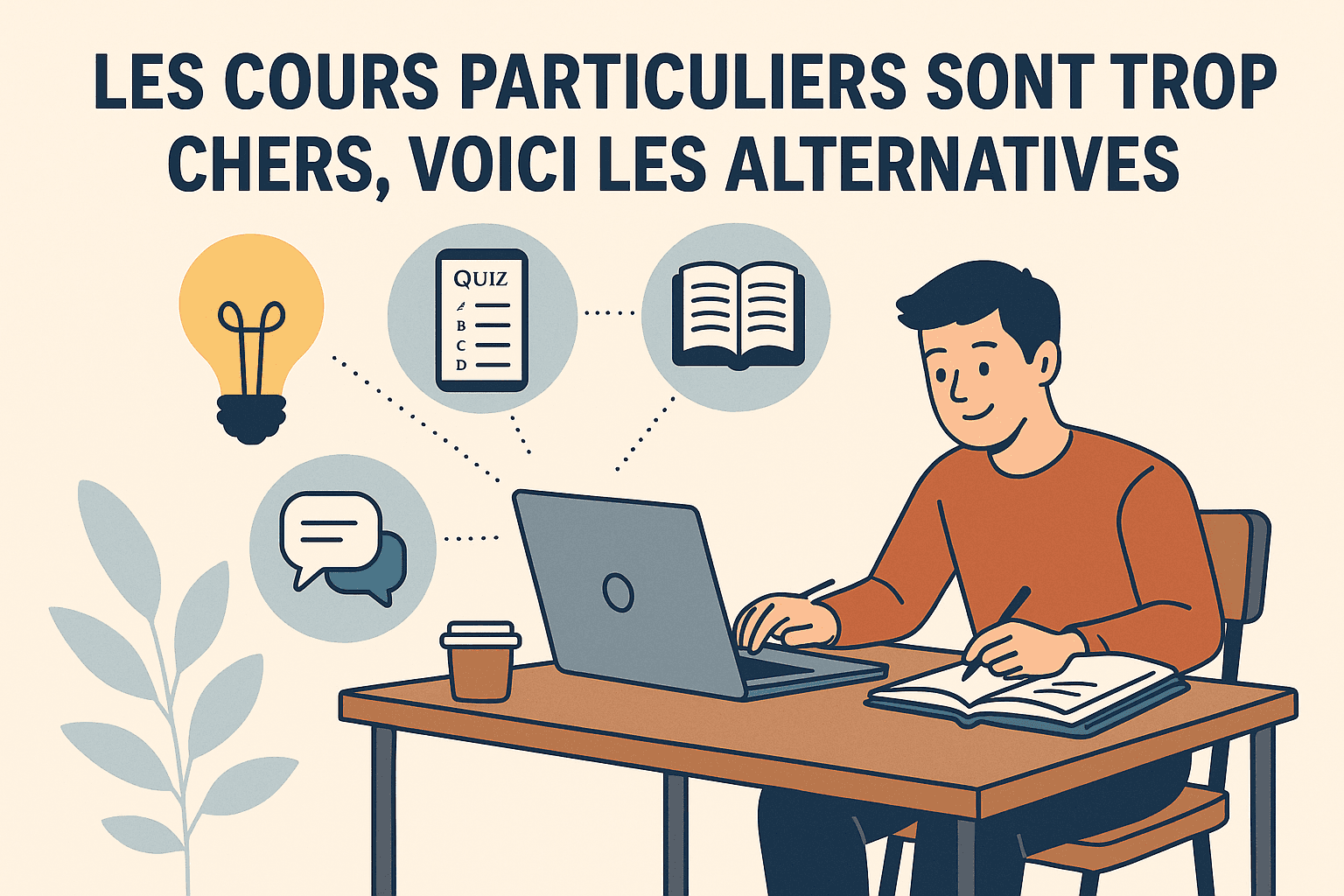 Illustration d’un étudiant travaillant sur un ordinateur et un cahier, entouré d’icônes représentant des alternatives aux cours particuliers : quiz sur mobile, bulles de discussion, livre ouvert et ampoule symbolisant les idées. Style illustré moderne en format paysage.