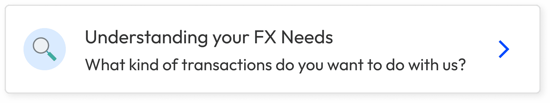 A screenshot of a card, clicking on it takes you to a page where you can answer questions about what type of transactions you want to make.