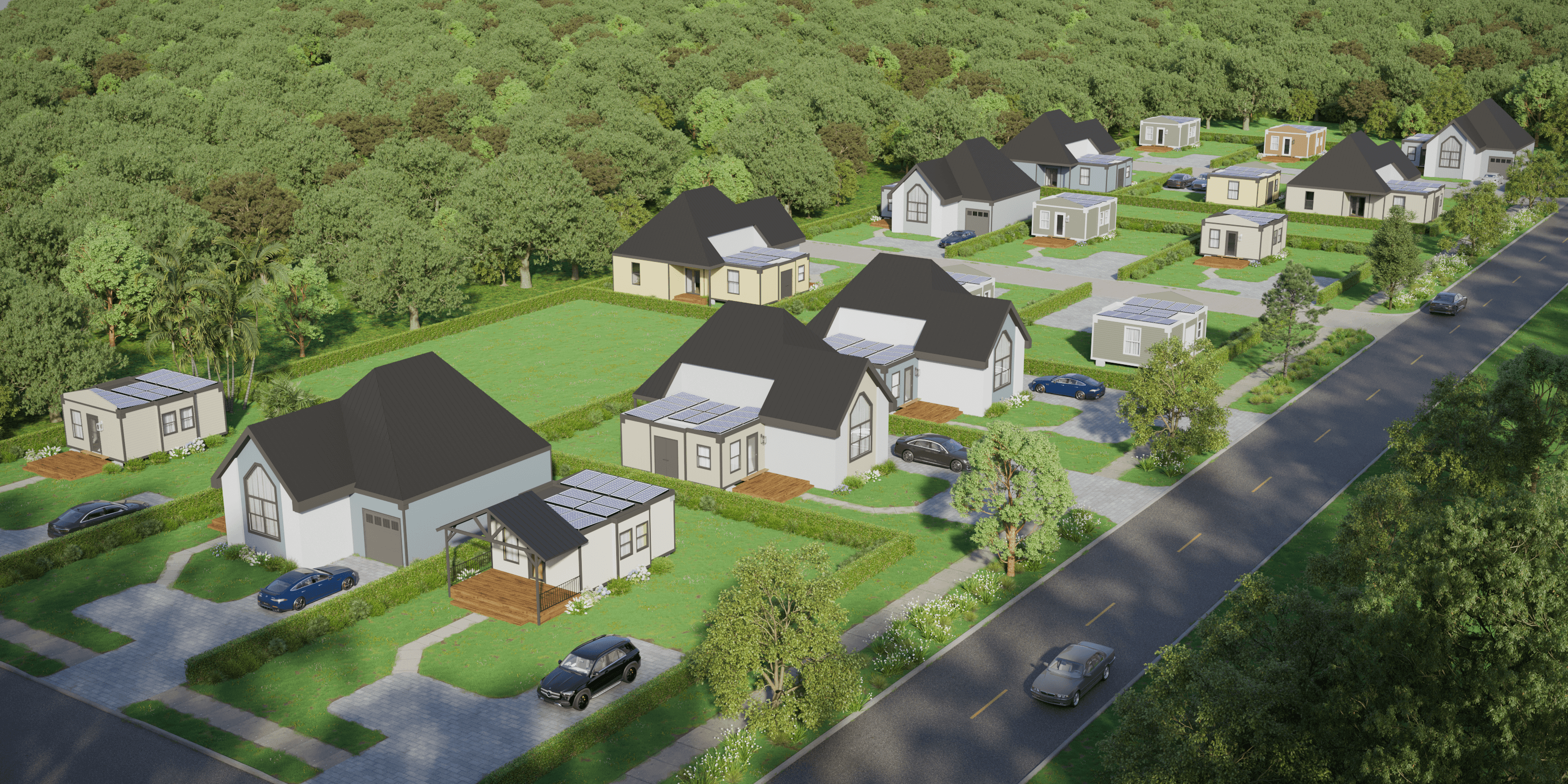 A bird's-eye view of a Mesocore tiny house development featuring solar panels and rainwater harvesting systems.