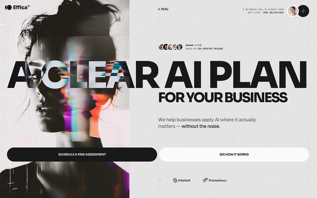 A portfolio hero section with a bold, specific headline and two clear call to action buttons, in the Effica Framer template.