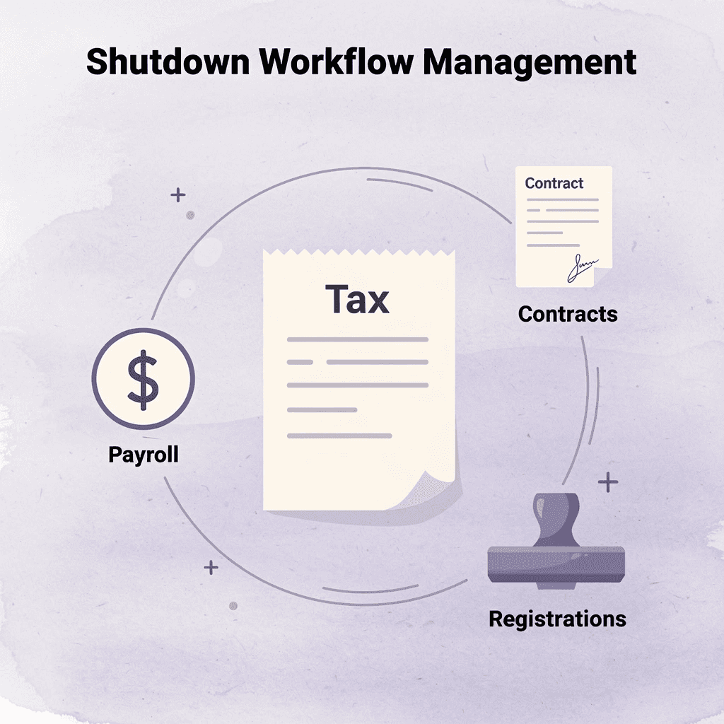 Hub and spoke diagram showing Starcycle managing tax, payroll, contracts, and registrations - Startup Shutdown
