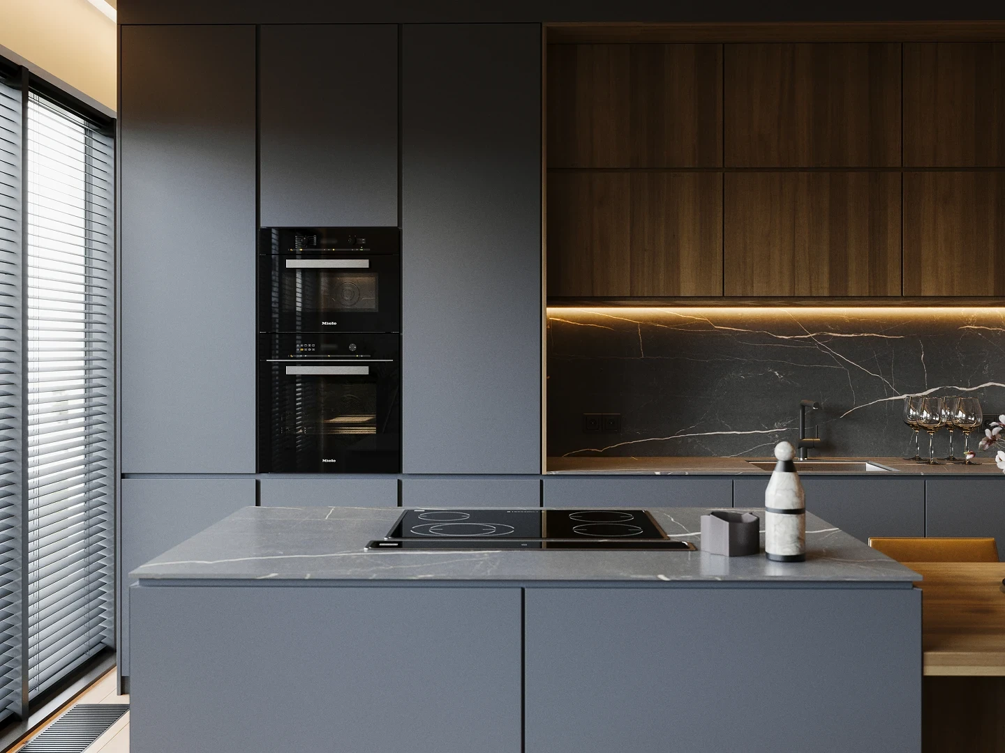 Douche à l’italienne vitrée avec niche en pierre adoucie.