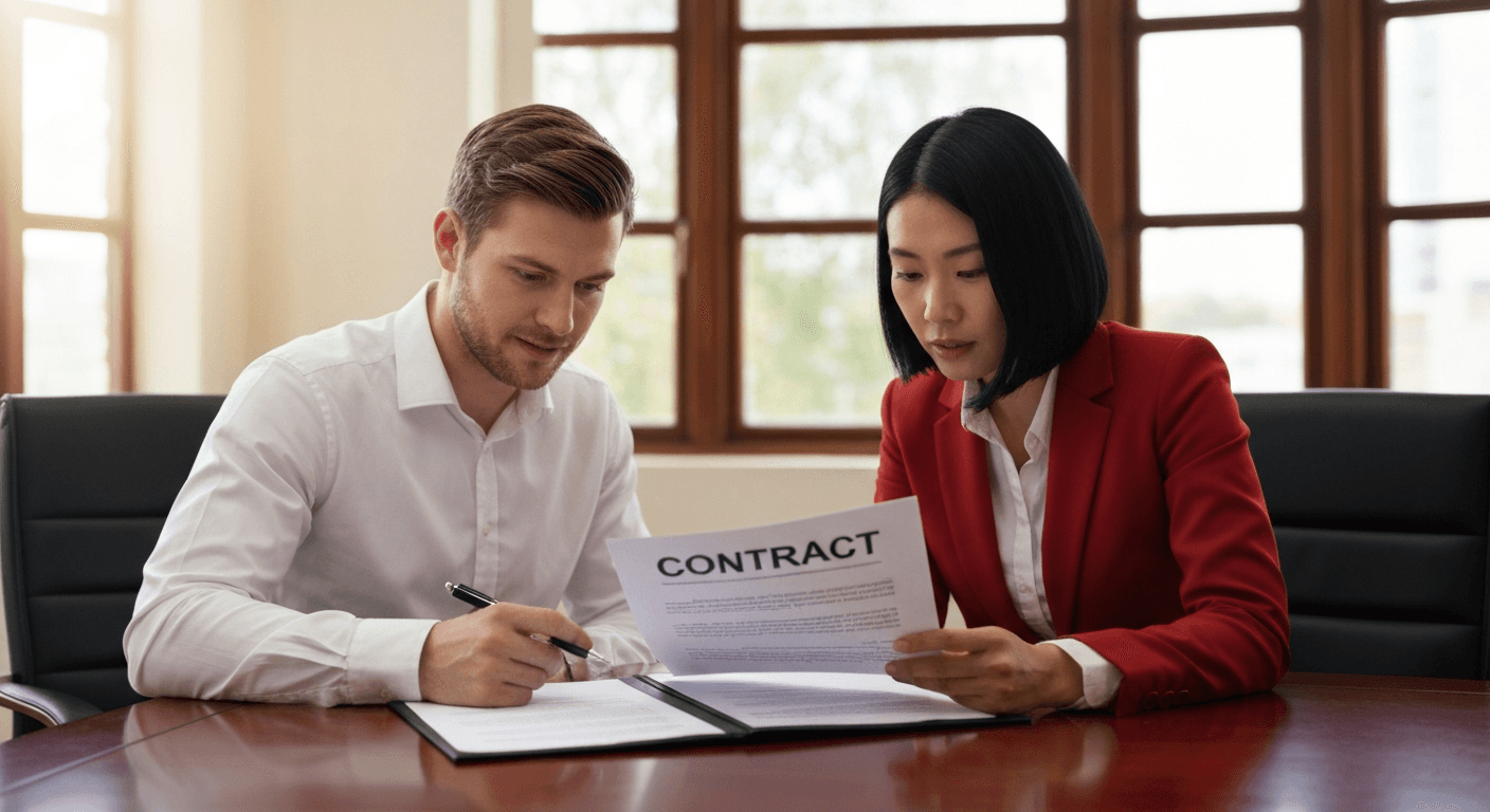 Business professionals reviewing contract