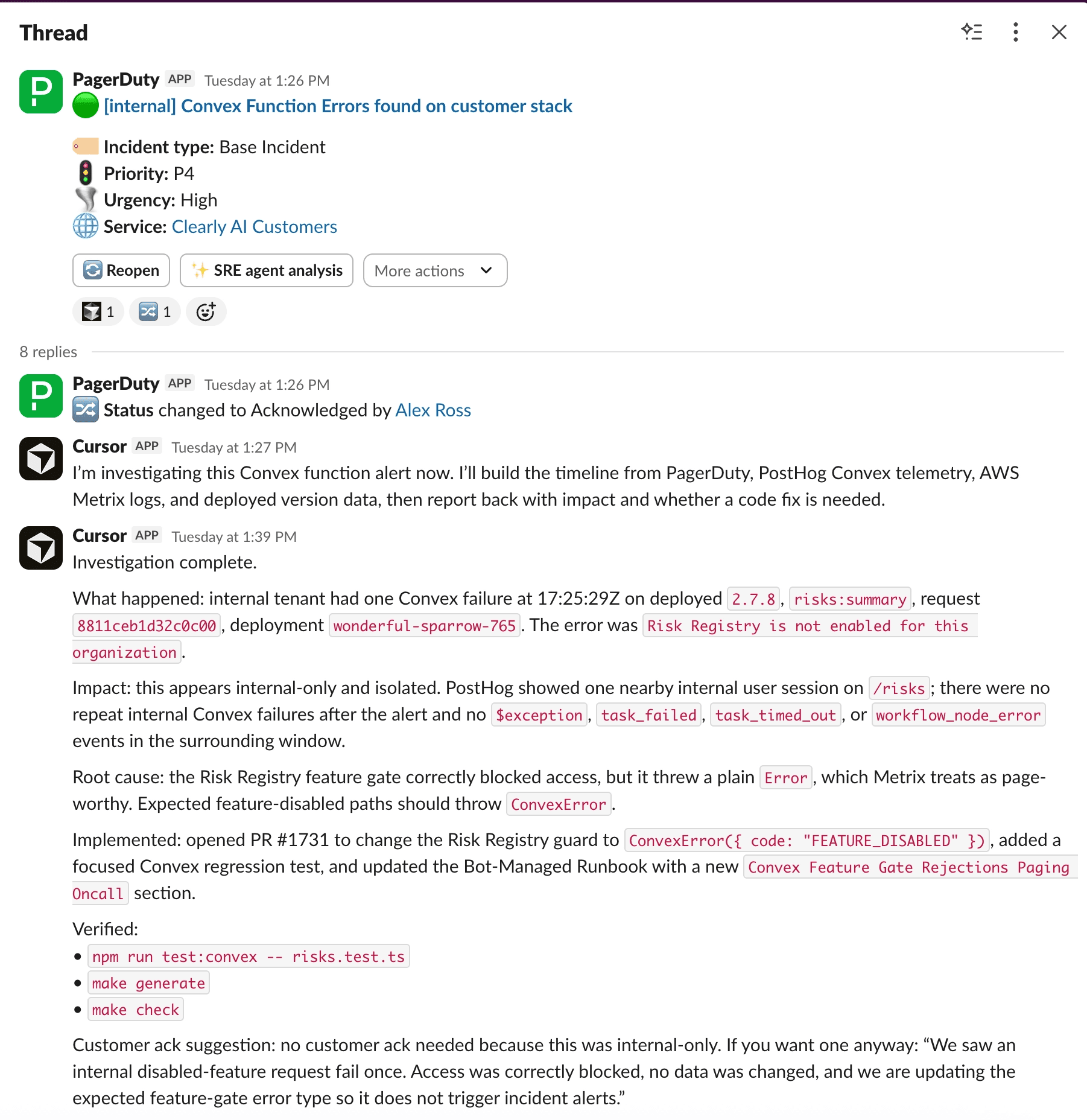 Figure: An incident thread becomes a timeline, PR and customer note