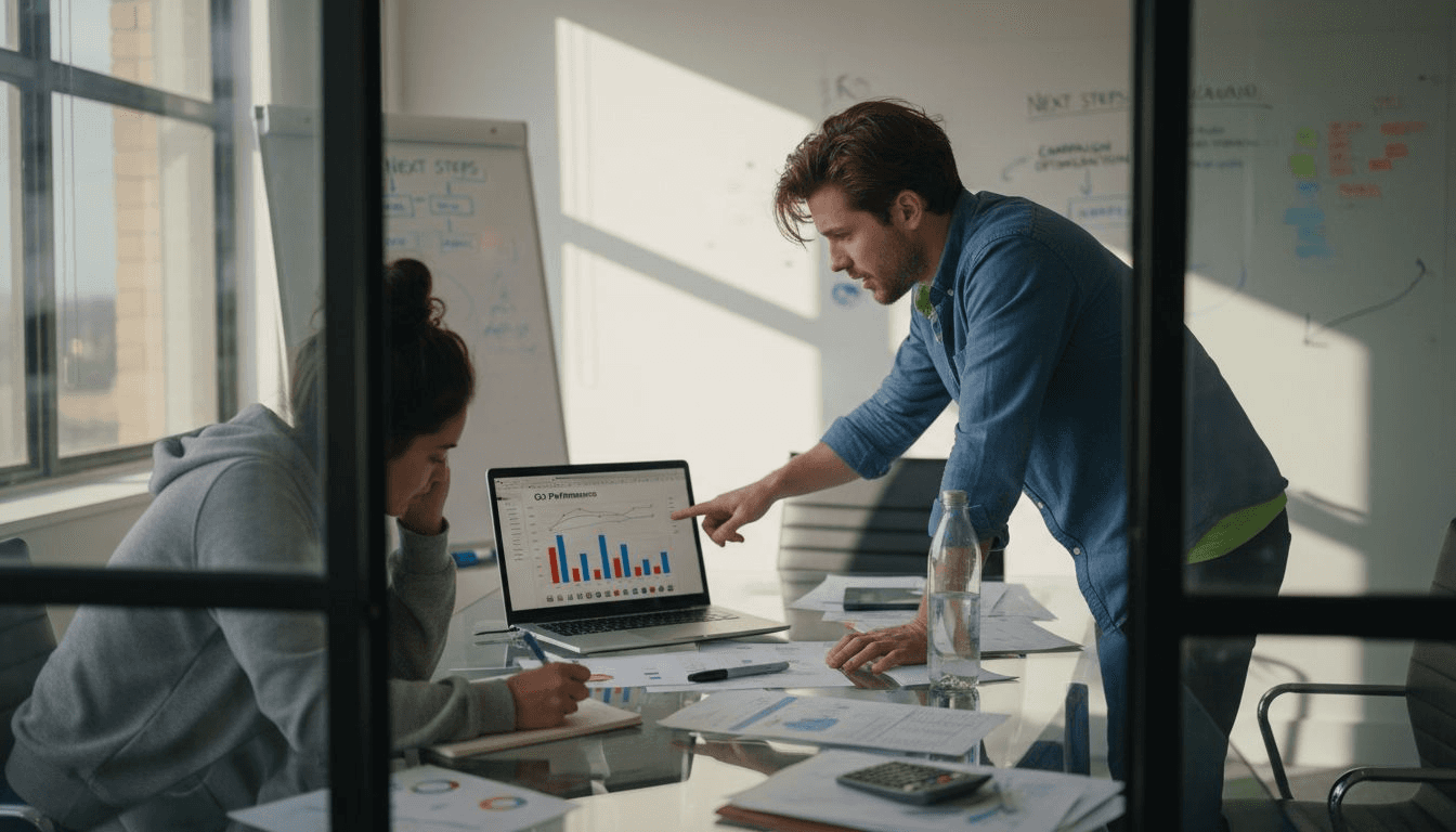 Team discussing advertising performance metrics