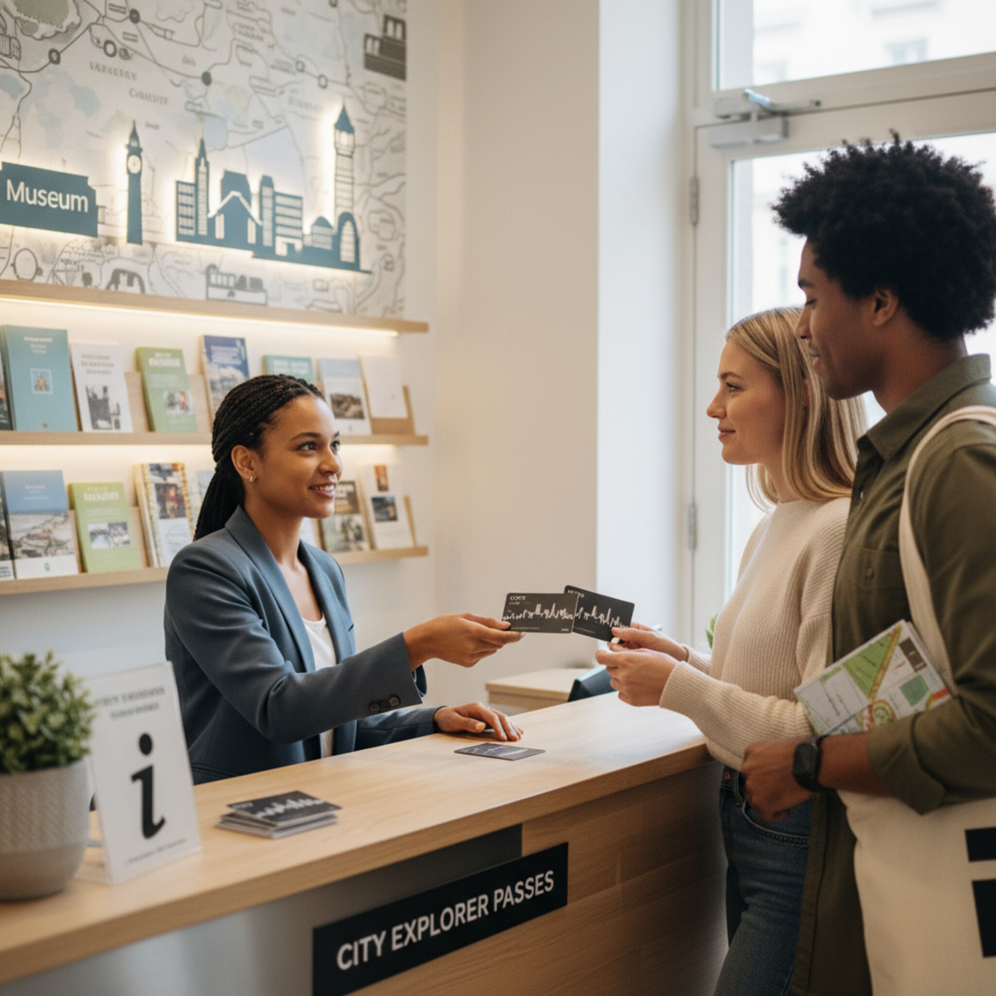 An einem Tresen des Tourismusbüros überreicht eine Mitarbeiterin zwei Stadtpässe an ein Paar. Hinter ihr hängen aufgereihte Broschüren, eine Karte zeigt Sehenswürdigkeiten. Ein freundliches Lächeln, ein kurzer Hinweis auf die nächste Attraktion, dann gehen beide zufrieden zur Tür. Alles wirkt verlässlich und wertig.